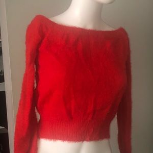 Red cropped fuzzy sweater with swooped neck